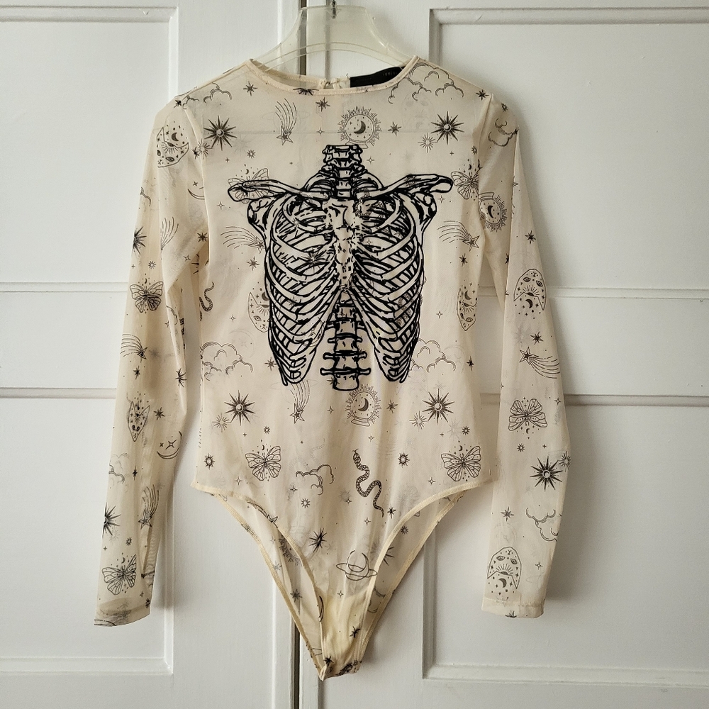 Forever 21 x Frederick's Hollywood Skeleton Ribcage Occult Goth Bodysuit Cream